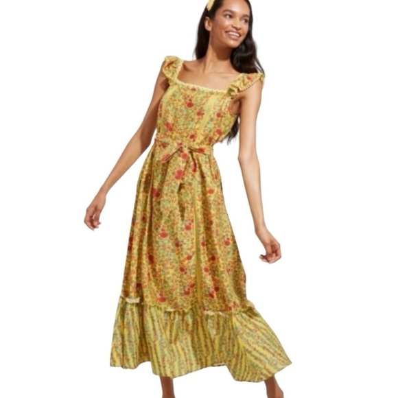 Roller Rabbit Rhody Zarella Silk Blend Yellow Tie Waist Midi Dress Women Large - Picture 5 of 16